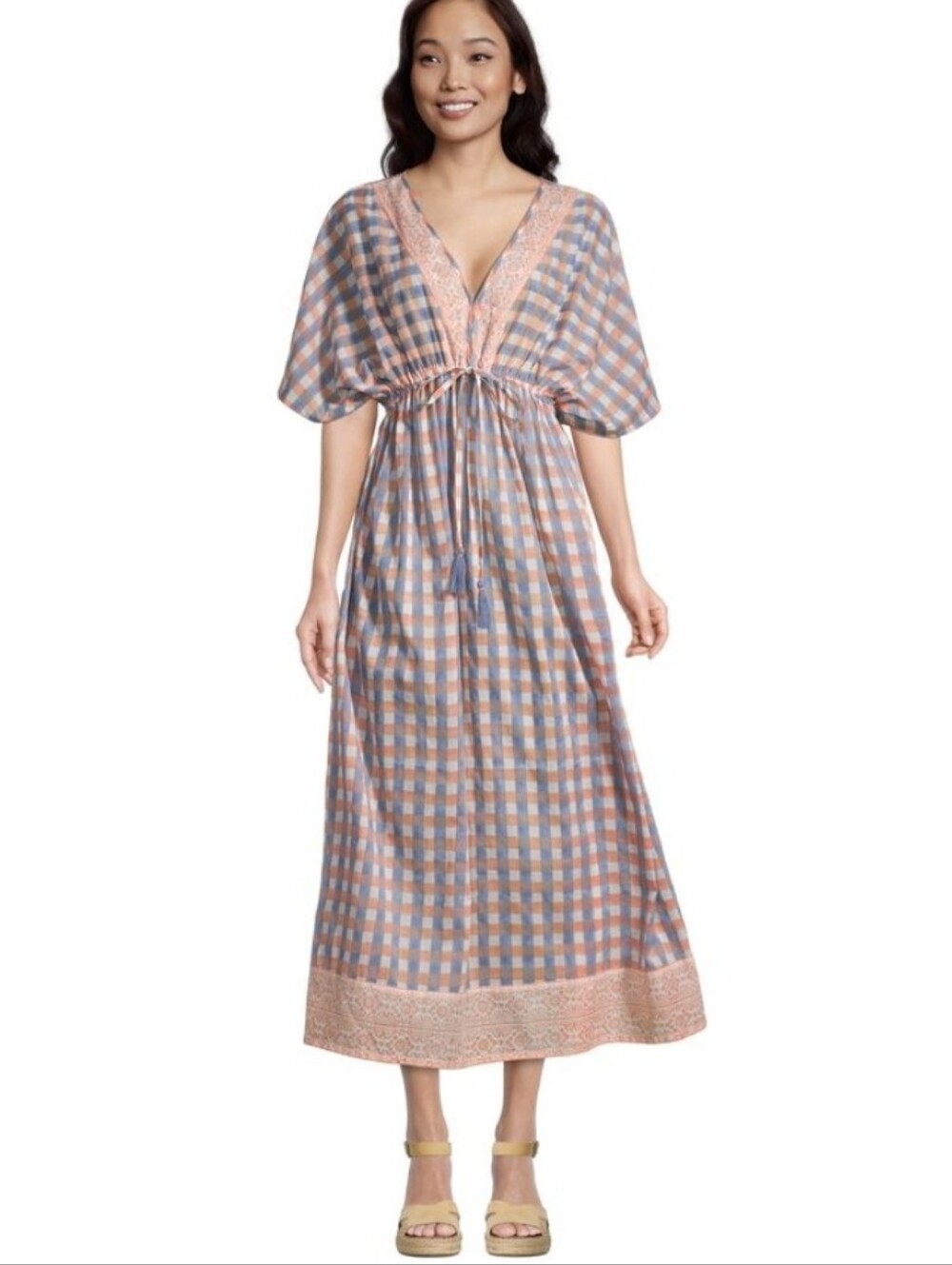 World Market Mira Checkered Dolman Kaftan Dress With Tie At Waist 100% Cotton - Picture 2 of 10